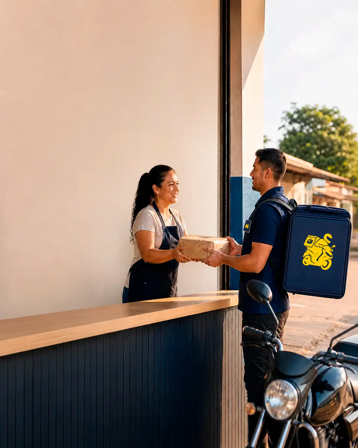 Comerciante entregando uma encomenda a um motoboy no balcão da loja